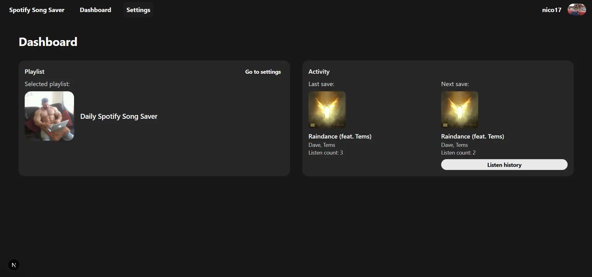 Spotify song saver dashboard